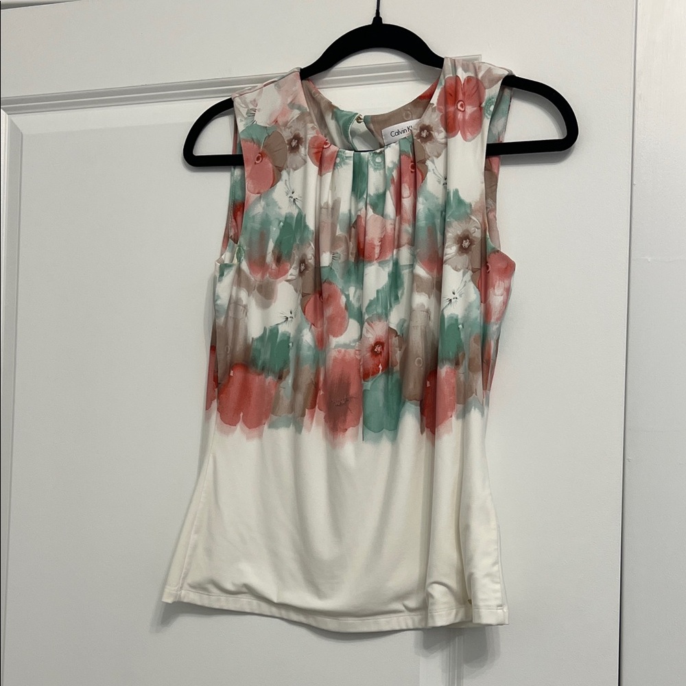 Calvin Klein Women's Sleeveless Floral Blouse - Cream, Pink, Green